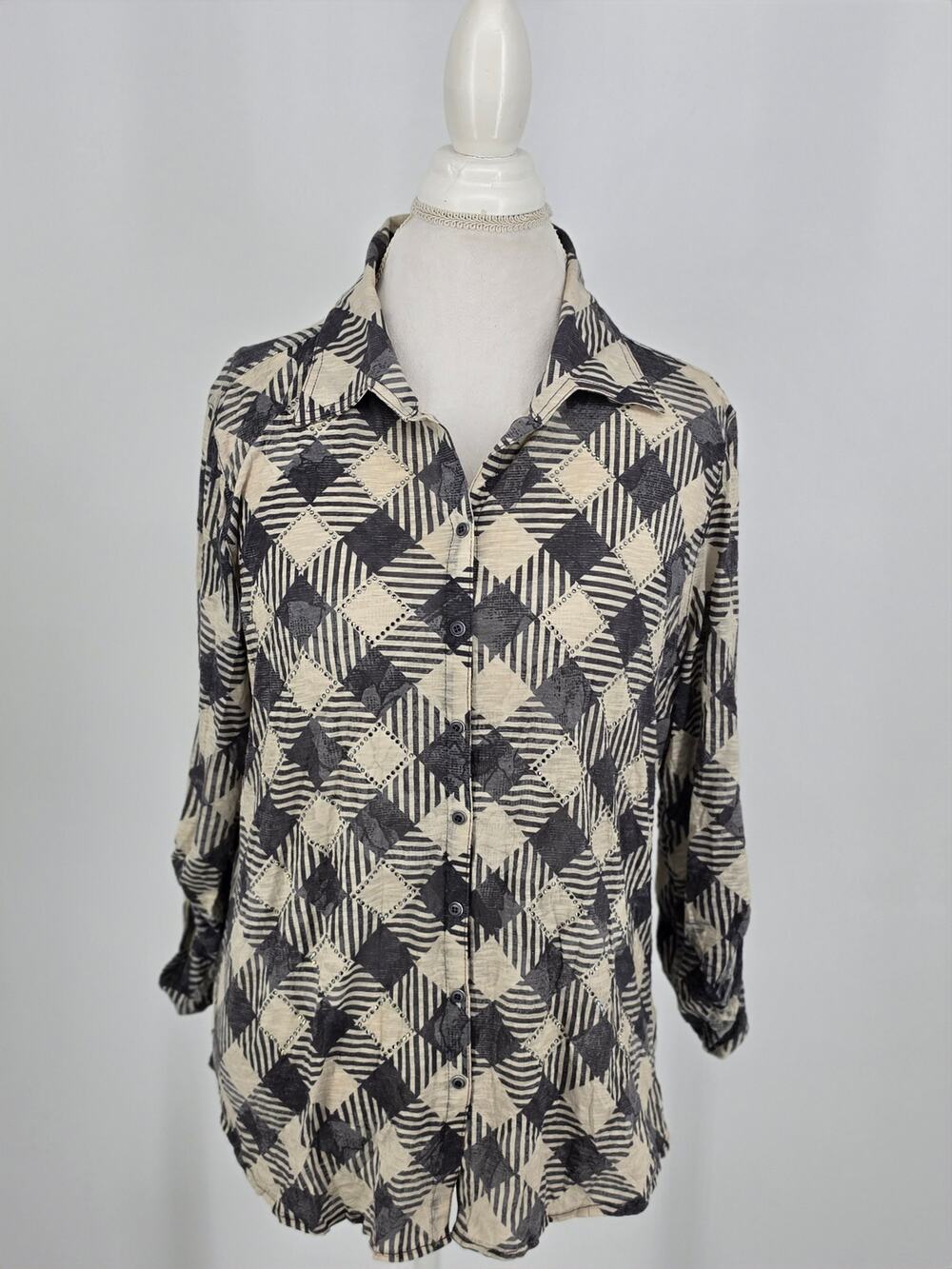David Cline Top Extra Large XL Sterling Grey Cream Diamond Geometric Button Up